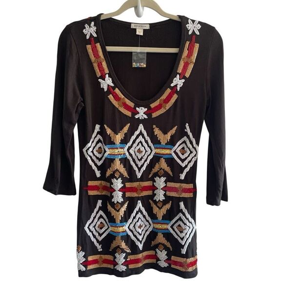 New Boston Proper Sequin 3/4 Sleeve Tunic Top Women’s Sz Large Native American - Picture 2 of 6
